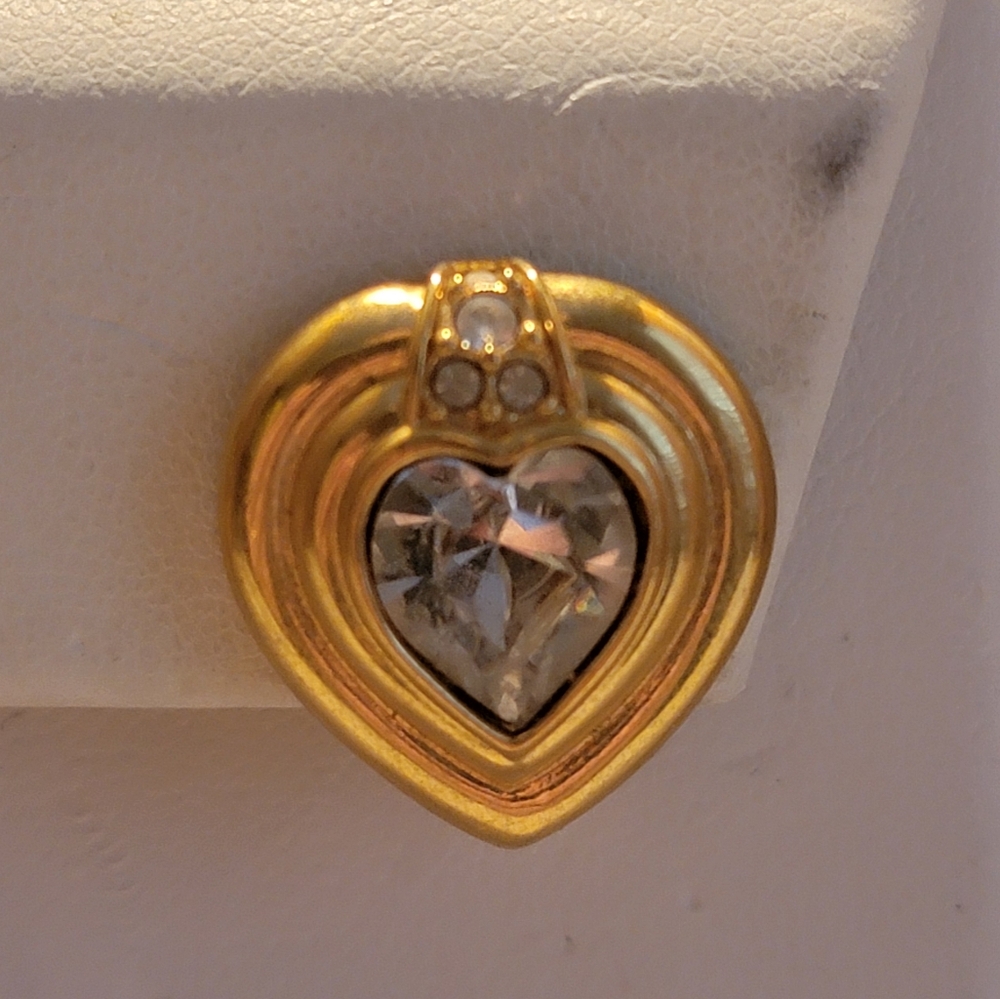 Gold Tone Clear Crystal Heart Clip-On Earrings Vintage Style Statement